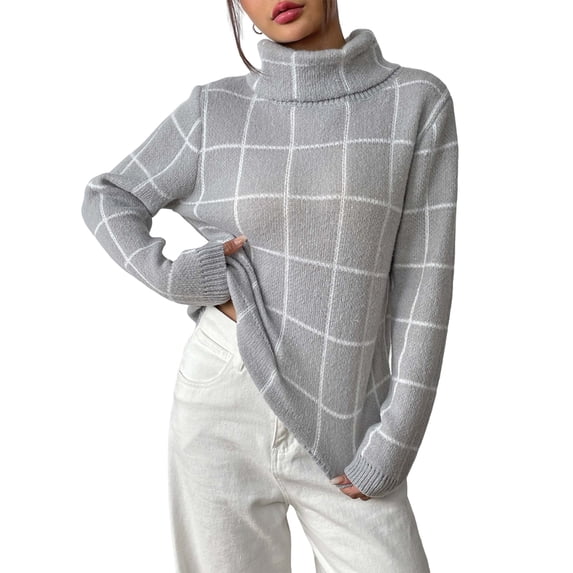 Women Fall High Neck Plaid Sweater Long Sleeve Loose Casual Chunky Checked Knit Winter Sweaters Jumper Tops Gray XL