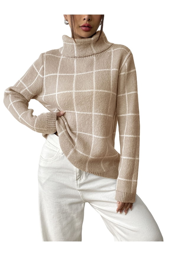 Women Fall High Neck Plaid Sweater Long Sleeve Loose Casual Chunky Checked Knit Winter Sweaters Jumper Tops Khaki M