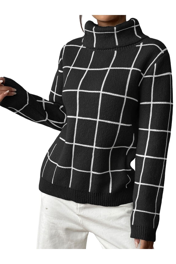 Women Fall High Neck Plaid Sweater Long Sleeve Loose Casual Chunky Checked Knit Winter Sweaters Jumper Tops