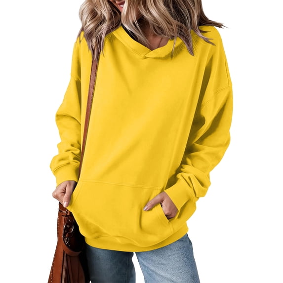Women Fall Hoodies Pullover Hooded Sweatshirt Solid Color Tops Overszied Long Sleeve Trendy Loose Fit Lightweight Yellow M
