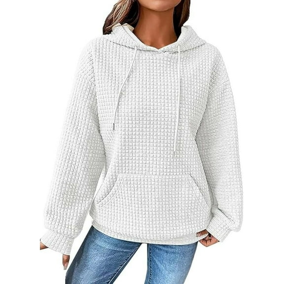 Women Fall Hoodies Sweater Casual Pullover Waffle Casual Long Sleeve Shirts Drawstring Loose Hooded Sweatshirt with Pocket