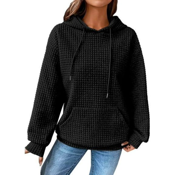 Women Fall Hoodies Sweater Casual Pullover Waffle Casual Long Sleeve Shirts Drawstring Loose Hooded Sweatshirt with Pocket