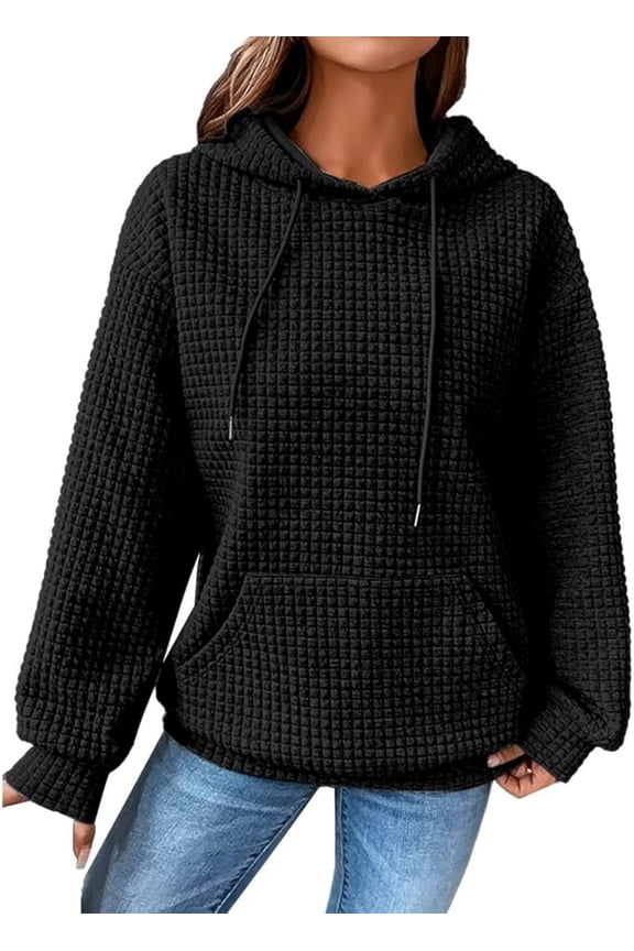 Women Fall Hoodies Sweater Casual Pullover Waffle Casual Long Sleeve Shirts Drawstring Loose Hooded Sweatshirt with Pocket