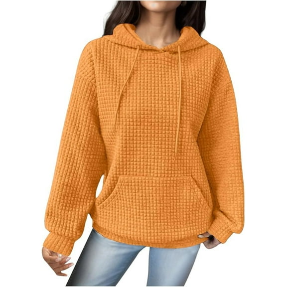 Women Fall Hoodies Sweater Casual Pullover Waffle Casual Long Sleeve Shirts Drawstring Loose Hooded Sweatshirt with Pocket
