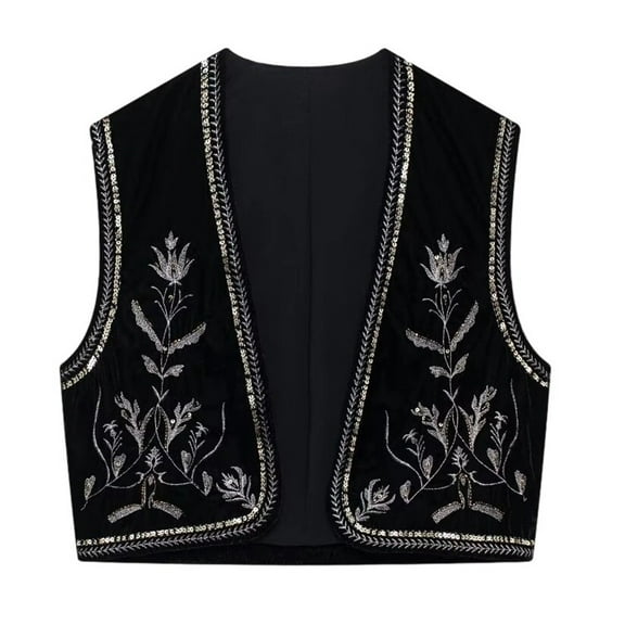 Women Fall Jacket Boho Vintage Floral Embroidered Vest Tops Cowgirl Ethnic Style Waistcoat Coats