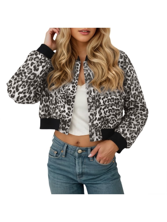 Women Fall Jacket Cheetah Print Cropped Zip Up Fashion Long Sleeve Slim Leopard Graphic Winter Coat