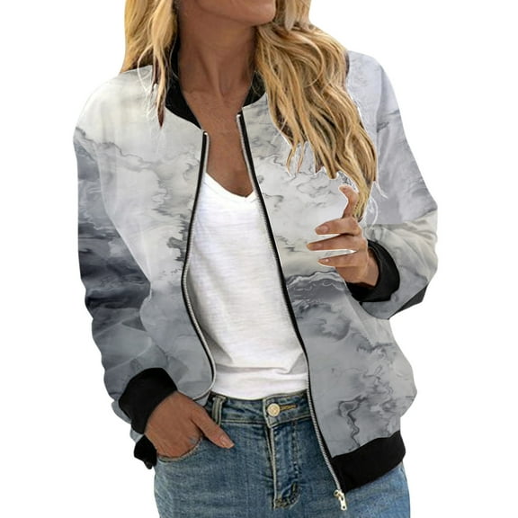 Women Fall Jacket Color Block Floral Print Bomber Vintage Long Sleeve Zipper Windbreaker Trendy Jacket