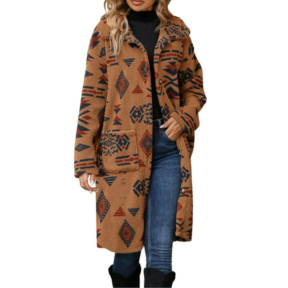 Women Fall Jacket Ethnic Aztec Print Wool Trench Coat Single Breasted Overcoat With Pocket Clothing
