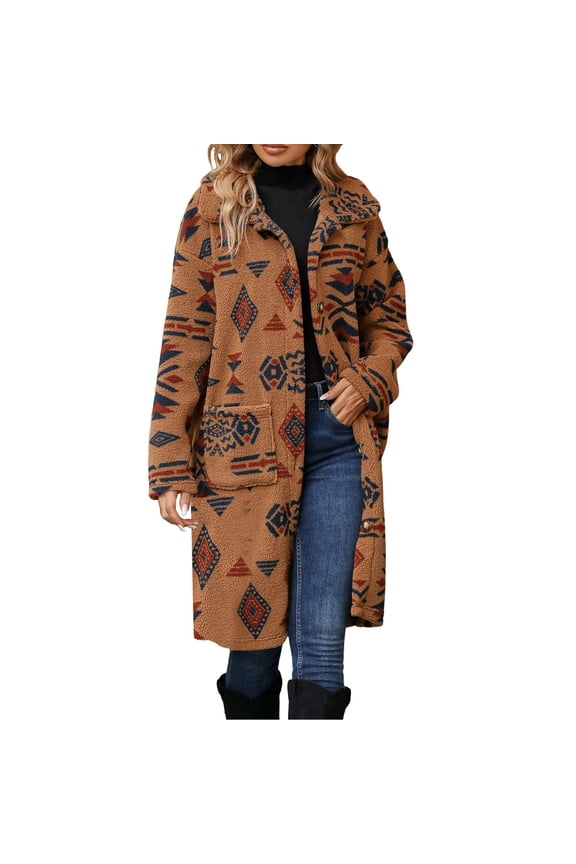 Women Fall Jacket Ethnic Aztec Print Wool Trench Coat Single Breasted Overcoat With Pocket Clothing