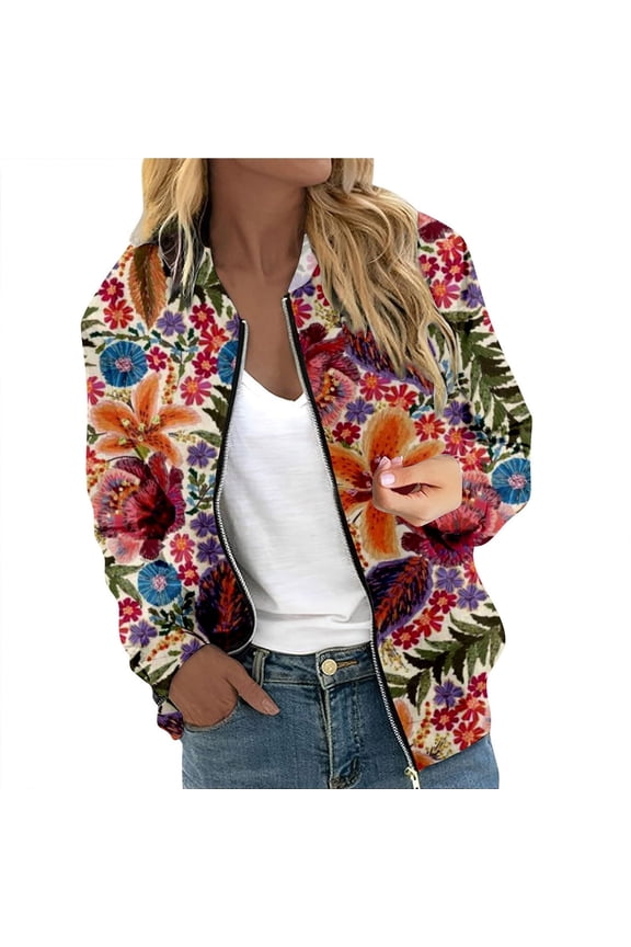 Women Fall Jacket Floral Baseball Flower Bomber Vintage Casual Zip Up Windbreaker Fall Jacket