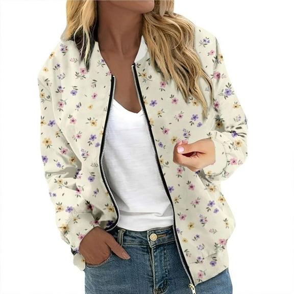 Women Fall Jacket Floral Print Loose Causal Bomber Long Sleeve Zipper Windbreaker Trendy Jacket