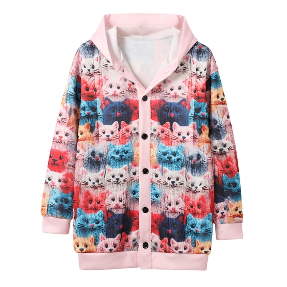 Women Fall Jacket Funny Cartoon Print Button Hoodie Cute Graphic Loose Hooded Sweatshirt Trendy Coat