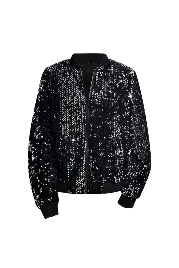 Women Fall Jacket Glitter Sequin Cropped Zipper Sparkly Long Sleeve Party Disco Short Trendy Jacket