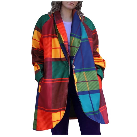 Women Fall Jacket Rainbow Plaid Wool Coat Fashion Long Sleeve One Button With Pocket Trendy Coat