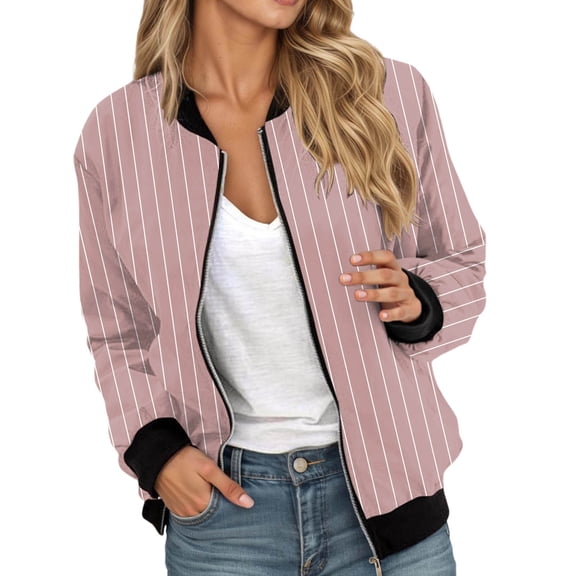 Women Fall Jacket Stripe Print Casual Bomber Oversize Long Sleeve Zipper Windbreaker Floral 2025 Fashion Fall Clothes