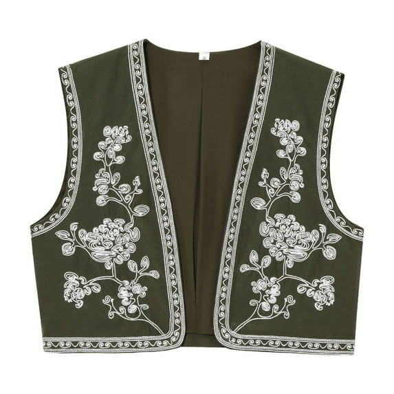 Women Fall Jacket Vintage Floral Embroidered Sleeveless Cardigan Boho Casual Open Front Y2k Vest Lightweight Coat