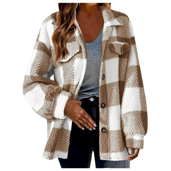 Women Fall Jacket Wool Lamb Plaid Shirts Long Sleeve Flannel Lapel Button Down Cardigan Boyfriend Shacket 2025 Fashion Fall Clothes