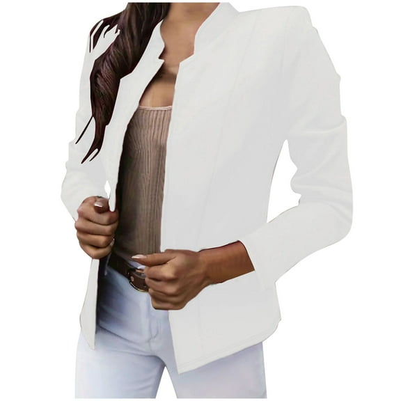 Women Fall Jacket Work Office Blazer Solid Long Sleeve Stand Collar Open Front Suit Trendy Jacket