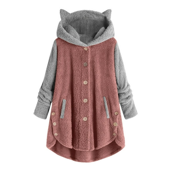 Women Fall Jackets Cat Ear Hoodie Sherpa Fleece Button Down Hooded Sweatshirt Color Block Fuzzy Irregular Hem Lightweight Jacket