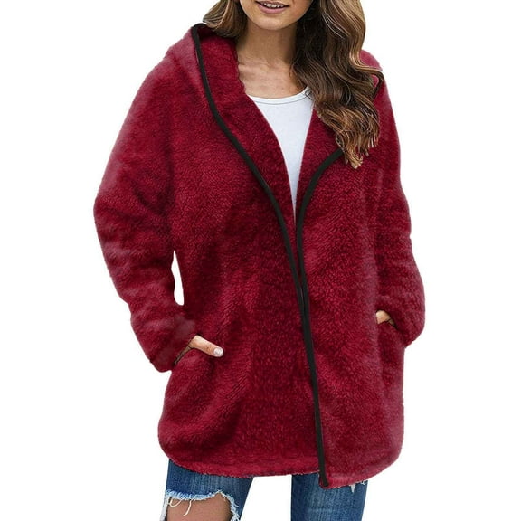 Women Fall Jackets Color Block Long Sleeve Hooded Cardigan Fashion Loose Fit Front Open Fuzzy Outwears Jacket