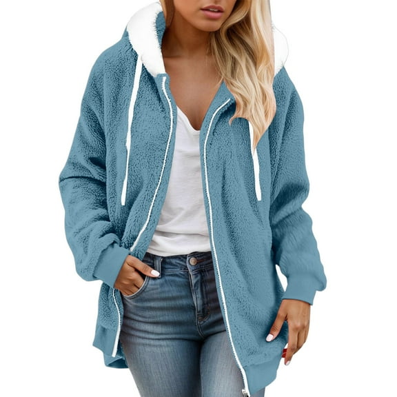 Women Fall Jackets Fleece Sherpa Zipper Hoodie Lamb Oversize Drawstring Wool Padded Lightweight Jacket