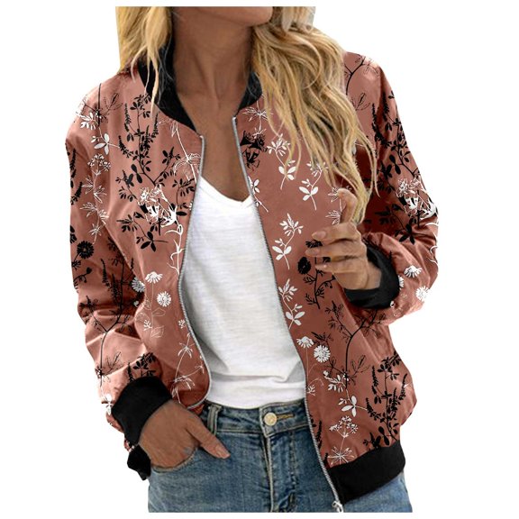 Women Fall Jackets Floral Print Bomber Vintage Long Sleeve Zipper Baseball Windbreaker Coats