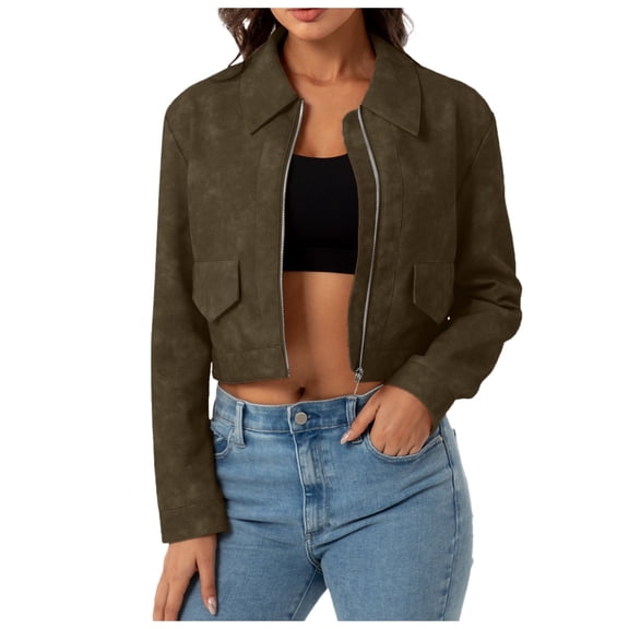 Women Fall Jackets Long Sleeve Lapel Faux Leather Cropped Fashion Casual Solid Vintage Suede Winter Outfits Clothes
