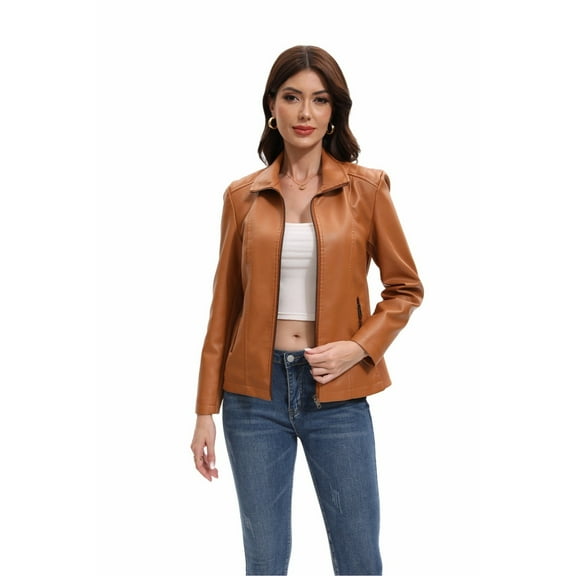 Women Fall Jackets Solid Faux Leather Motorcycle ZiP Up Lapel Bomber With Pocket PU Moto Biker Lightweight Jacket