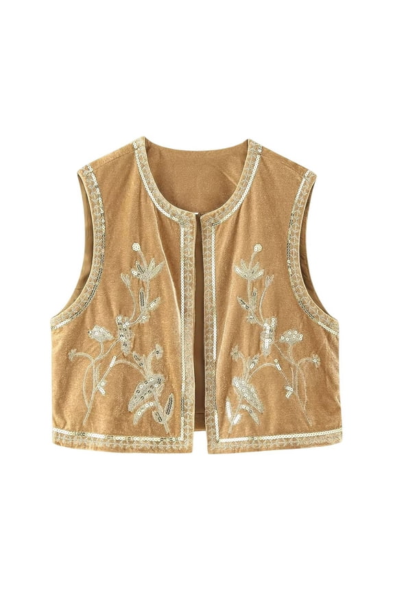 Women Fall Jackets Vintage Embroidered Sleeveless Cardigan Boho Floral Crochet Open Front Vest Top Outwears Coat