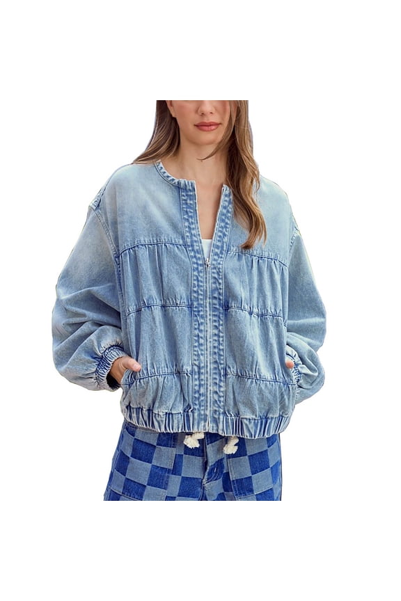 Women Fall Jackets Zip Up Crew Neck Jean Fashion Washed Light Blue Distressed Ruched Denim With Pocket Lightweight Jacket