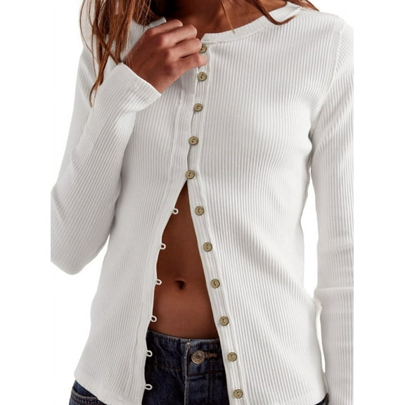 Women Fall Long Sleeve Button Up Ribbed Knit Crop Cardigan Y2K Slim Fit Round Neck Sweater Tshirt Cream White XL