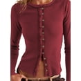 thumbnail image 1 of Women Fall Long Sleeve Button Up Ribbed Knit Crop Cardigan Y2K Slim Fit Round Neck Sweater Tshirt Wine Red L, 1 of 7