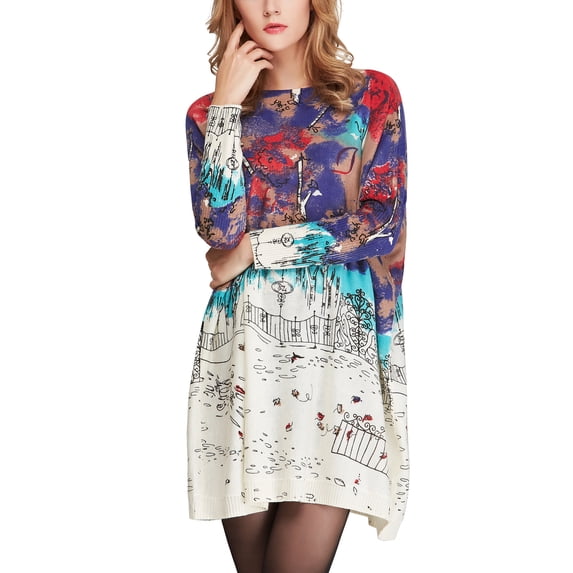 Women Fall Long Sleeve Crewneck Loose Casual Pattern Sweater Sweatshirts DH33 White