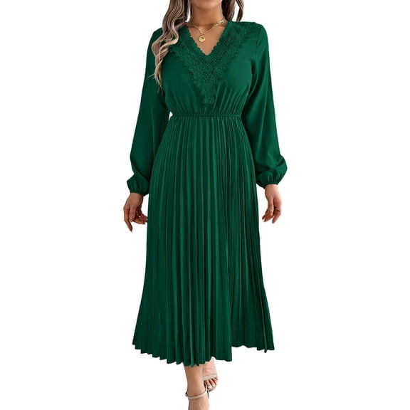 Women Fall Long Sleeve Dress Casual V Neck Pleated A Line Dark Green L