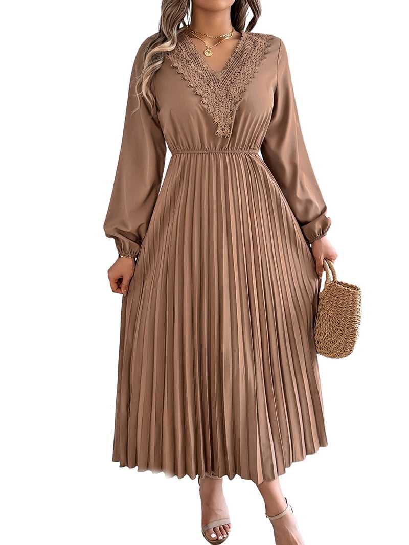 Women Fall Long Sleeve Dress Casual V Neck Pleated A Line Khaki S