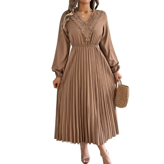 Women Fall Long Sleeve Dress Casual V Neck Pleated A Line Khaki XL