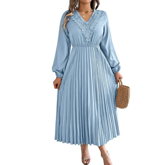 Women Fall Long Sleeve Dress Casual V Neck Pleated A Line Light Blue M