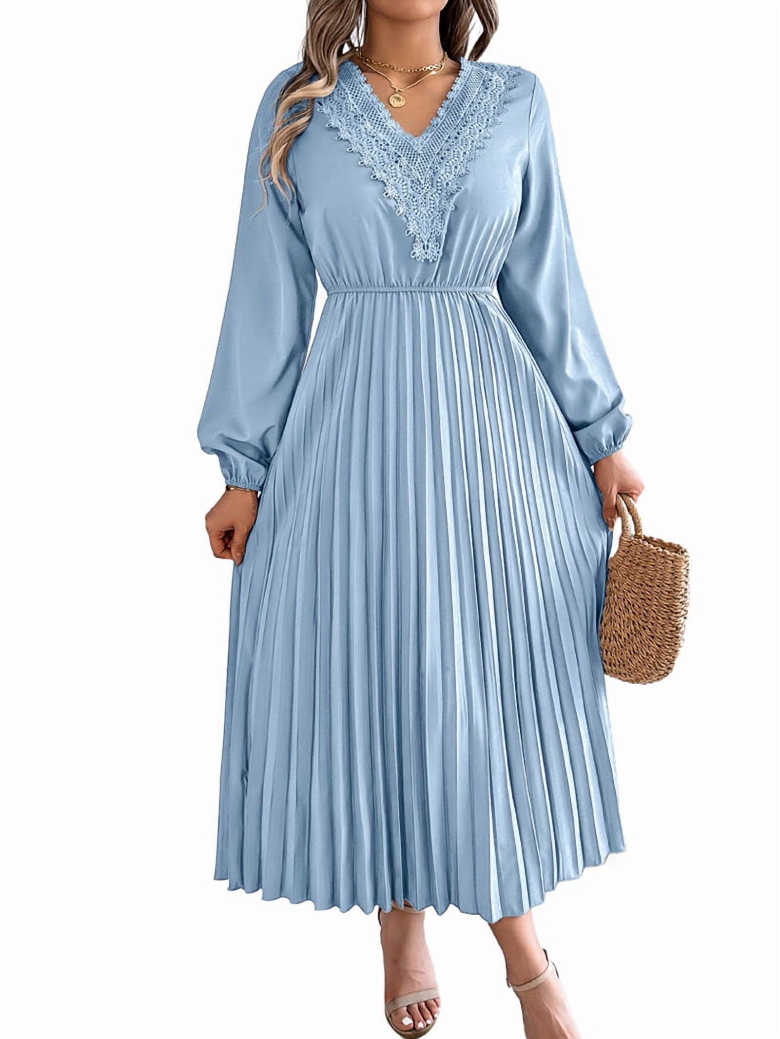 Women Fall Long Sleeve Dress Casual V Neck Pleated A Line Light Blue M