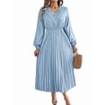 thumbnail image 1 of Women Fall Long Sleeve Dress Casual V Neck Pleated A Line Light Blue S, 1 of 5