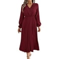 thumbnail image 1 of Women Fall Long Sleeve Dress Casual V Neck Pleated A Line Wine Red L, 1 of 5