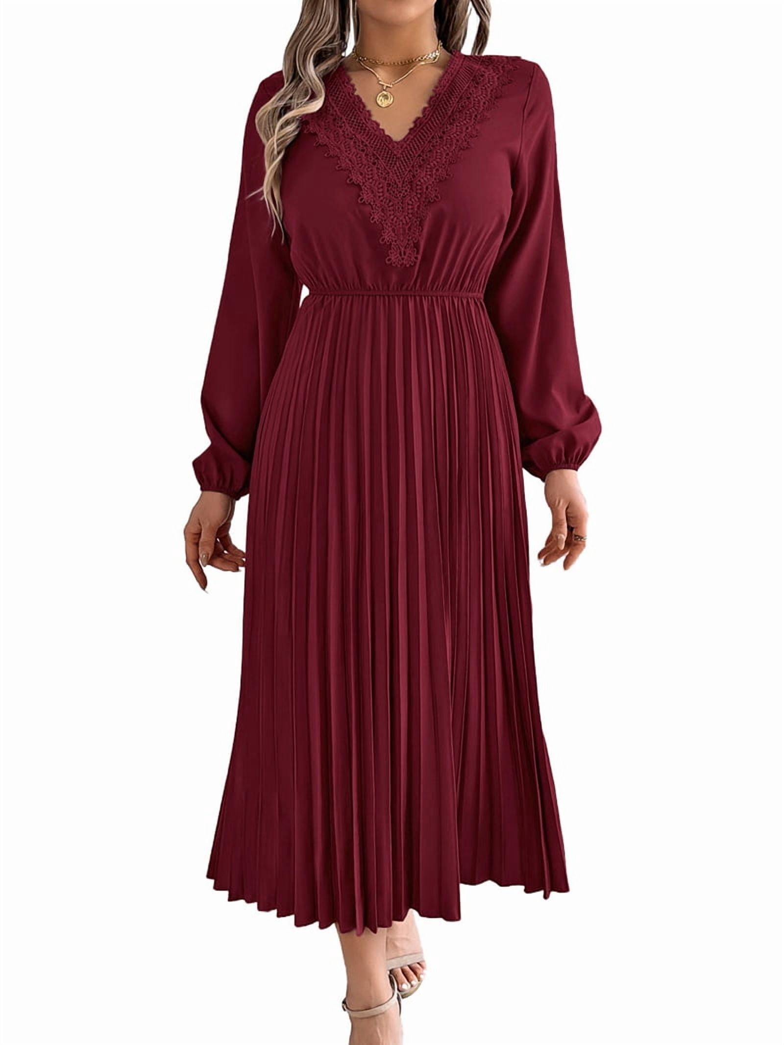 Women Fall Long Sleeve Dress Casual V Neck Pleated A Line Wine Red XL