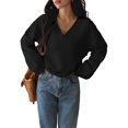 thumbnail image 1 of Women Fall Long Sleeve Sweater V Neck Tops Casual Light-Weight Knit Pullover Shirts Black S, 1 of 6