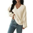 thumbnail image 1 of Women Fall Long Sleeve Sweater V Neck Tops Casual Light-Weight Knit Pullover Shirts White S, 1 of 9