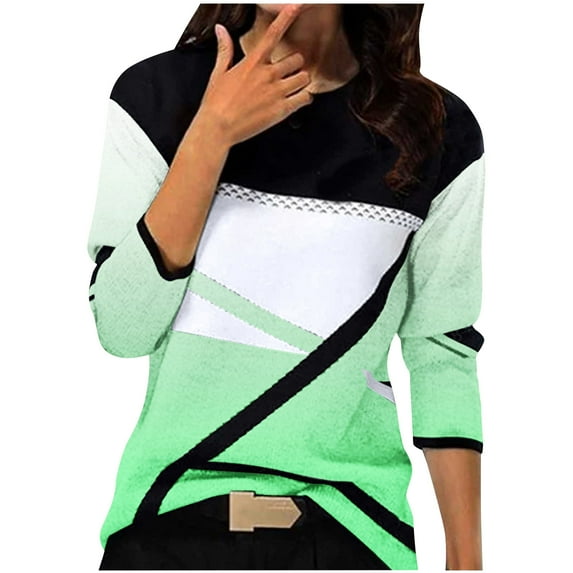 Women Fall Long Sleeve Tops Ladies Geometric Color Block Crewneck Tunic Tees Casual Dressy Blouses