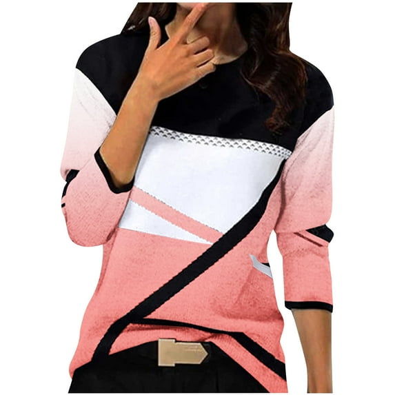 Women Fall Long Sleeve Tops Ladies Geometric Color Block Crewneck Tunic Tees Casual Dressy Blouses