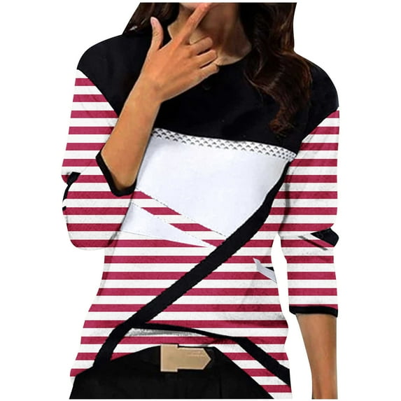 Women Fall Long Sleeve Tops Ladies Geometric Color Block Crewneck Tunic Tees Casual Dressy Blouses