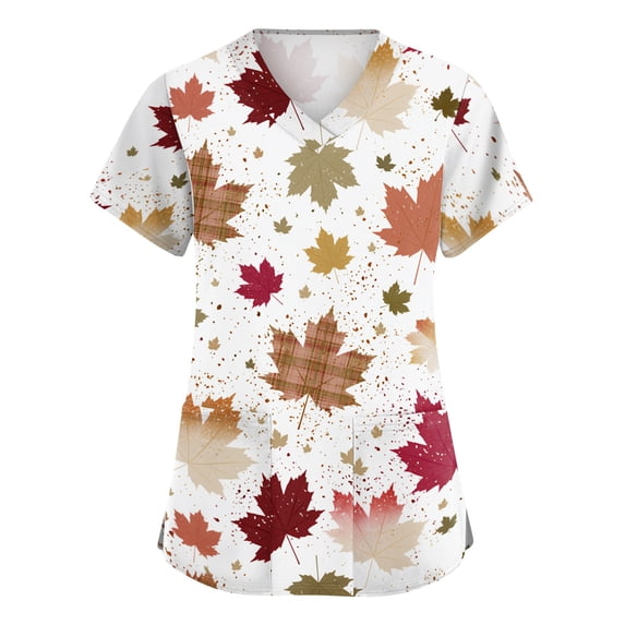 Women Fall Maple Leaf Print Scrub Tops V Neck Short Sleeve Floral Nursing Scrub Top Multi Pocket Medical Work Uniform for Healthcare Workers White 4XL