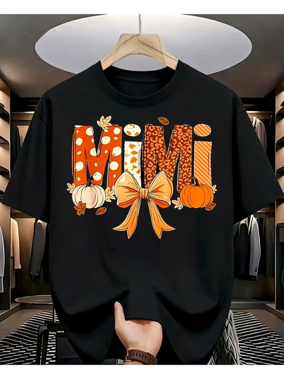Women Fall Mimi Graphic T‑Shirt, Pumpkin Bow Autumn Casual Short Sleeve Tee Gift for Grandma