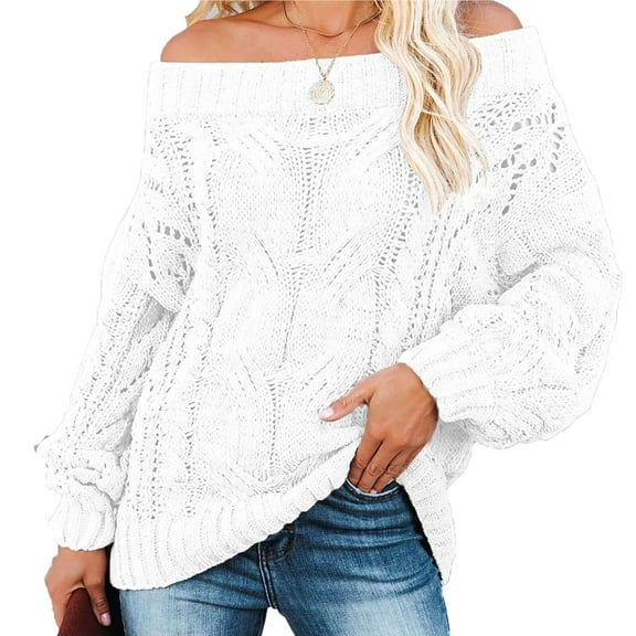 Women Fall Off Shoulder Sweater Long Sleeve Crochet Hollow Out Pullover Top Winter Casual Chunky Cable Knit