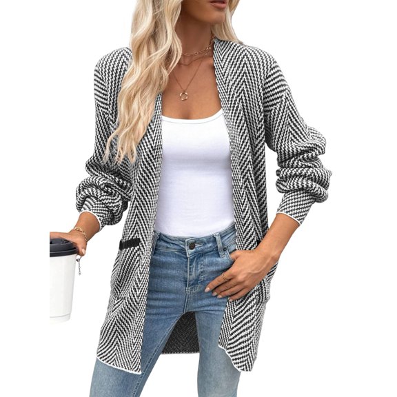 Women Fall Outfits Long Sleeve Open Front Striped Cardigan Sweaters Chunky Knit Sweaters Coat Dark Gray M